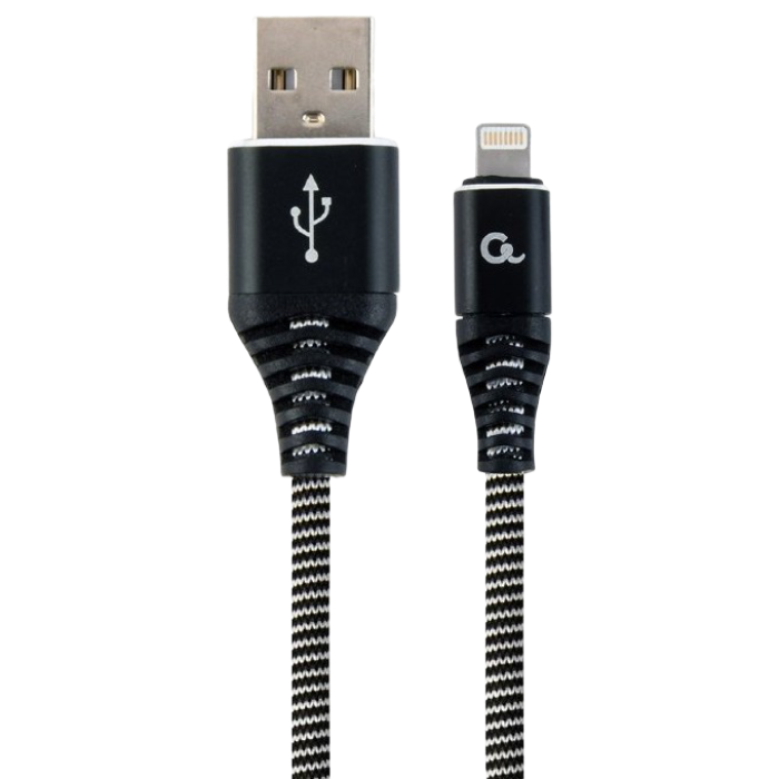 Blister Lightning 8-pin/USB2.0,  2.0m Cablexpert Cotton Braided Black/Wnite, CC-USB2B-AMLM-2M-BW