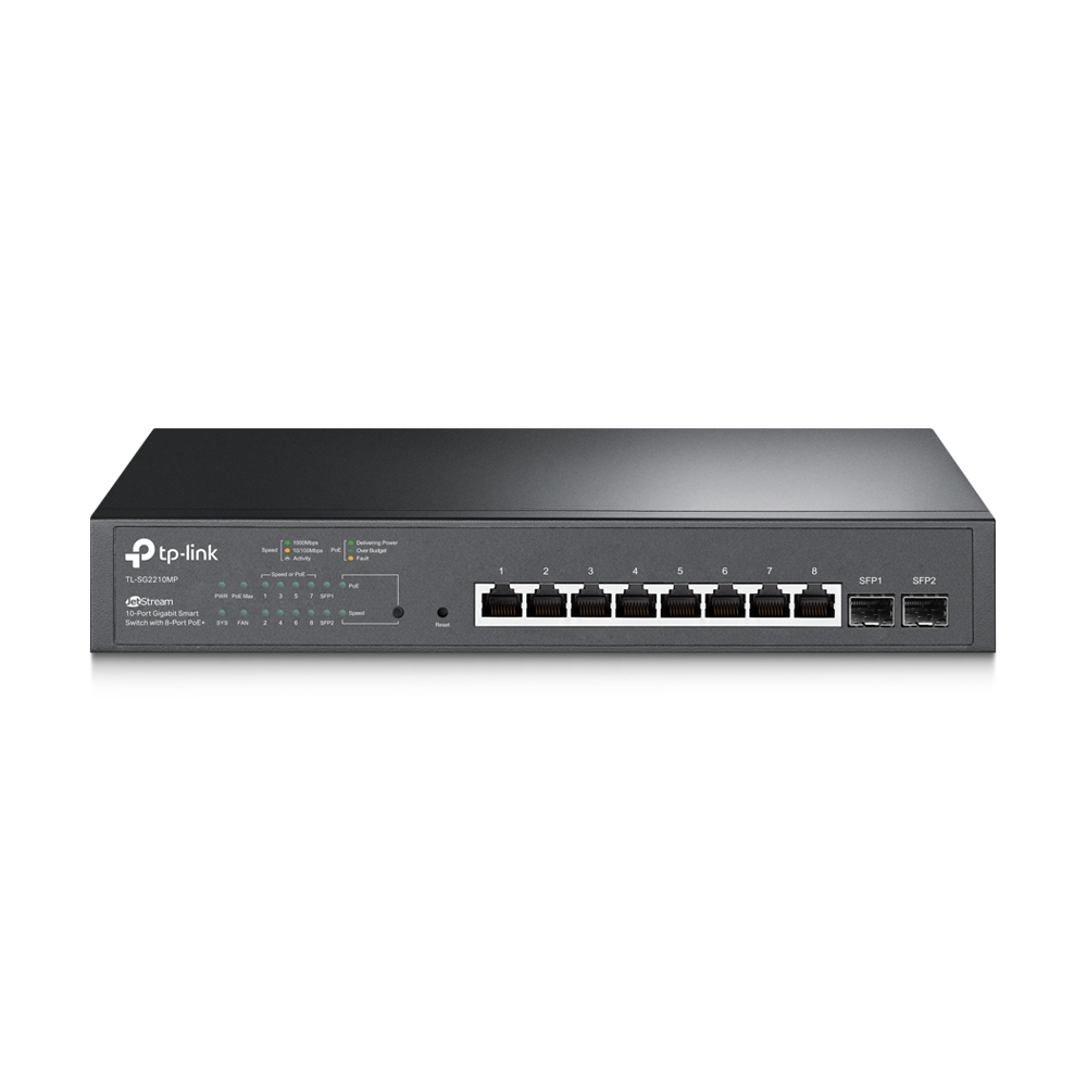 .8-port Gigabit  Smart PoE Switch, TP-LINK "TL-SG2210MP", with 2 SFP Slots , steel case, 150W Budget