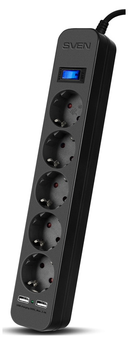 Surge Protector 5 Sockets,  1.8m,  Sven SF-05LU, 2 USB ports charging (2.4A), Black