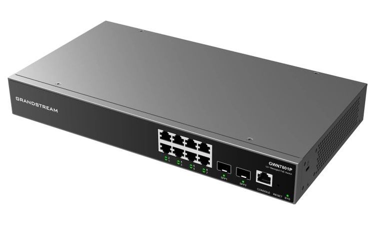 .8-port Gigabit Managed PoE Switch, Grandstream "GWN7801P", 2xSFP, steel case, 120W Budget