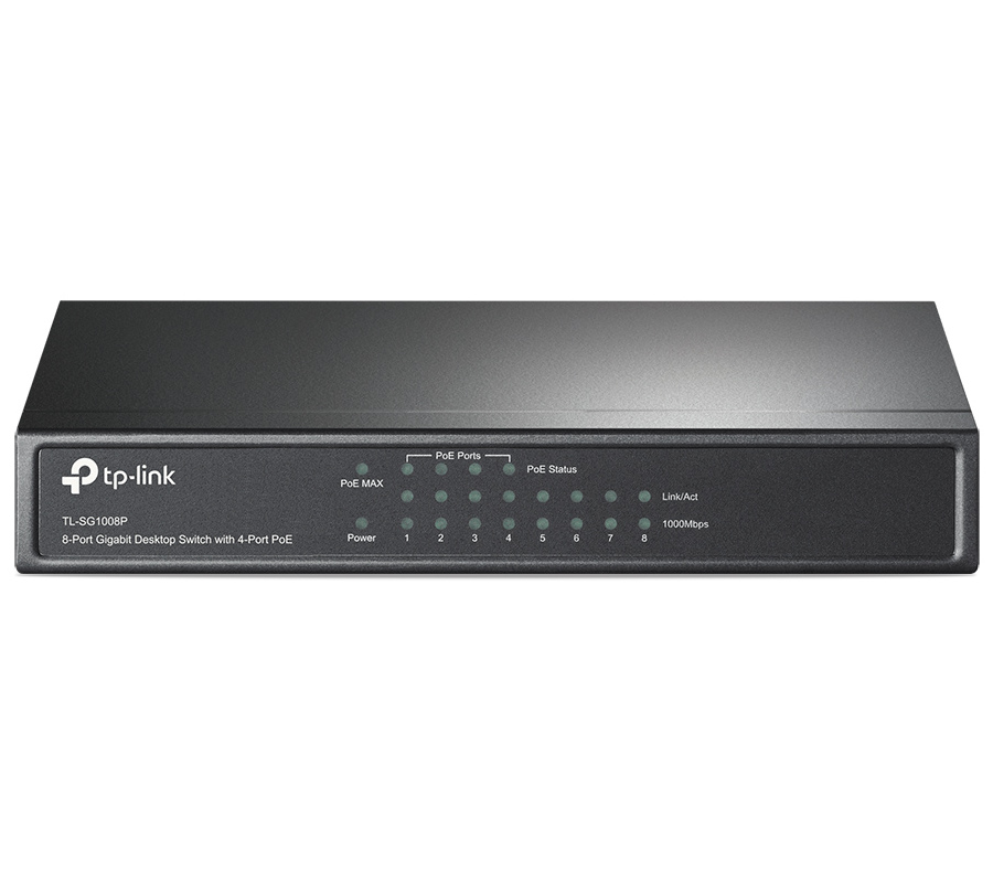 .8-port 10/100/1000Mbps  PoE Switch TP-LINK "TL-SG1008P", with 4-Port PoE, steel case, 64W Budget