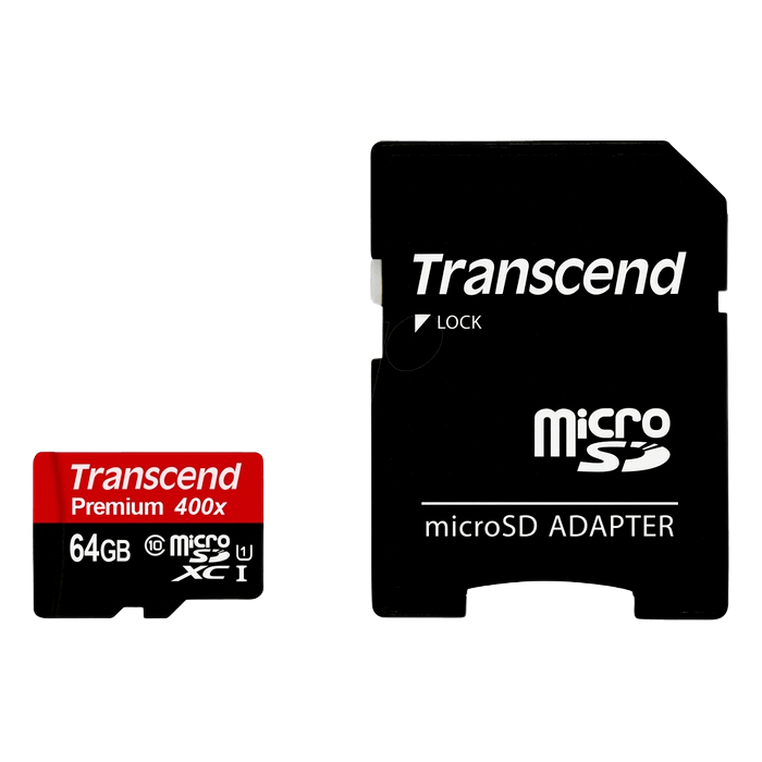 .64GB MicroSD (Class 10) UHS-I (U1) +SD adapter, Transcend "TS64GUSDU1" (R/W:60/20MB/s)