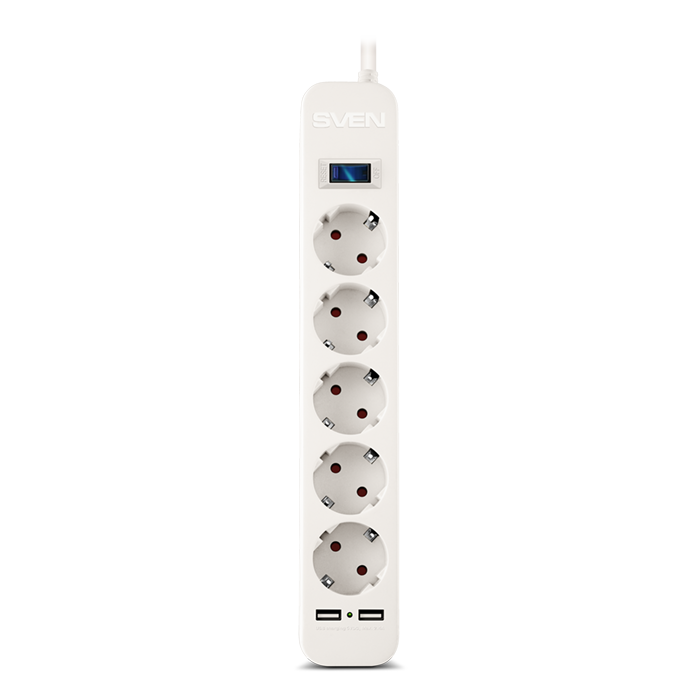 Surge Protector 5 Sockets,  3.0m, Sven "SF-05LU", 2 USB ports charging (2.4A), White