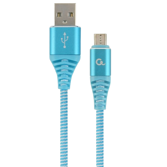 Blister MicroUSB/USB2.0,  2.0 m, Cablexpert Cotton Braided Turquoise blue/White,CC-USB2B-AMmBM-2M-VW