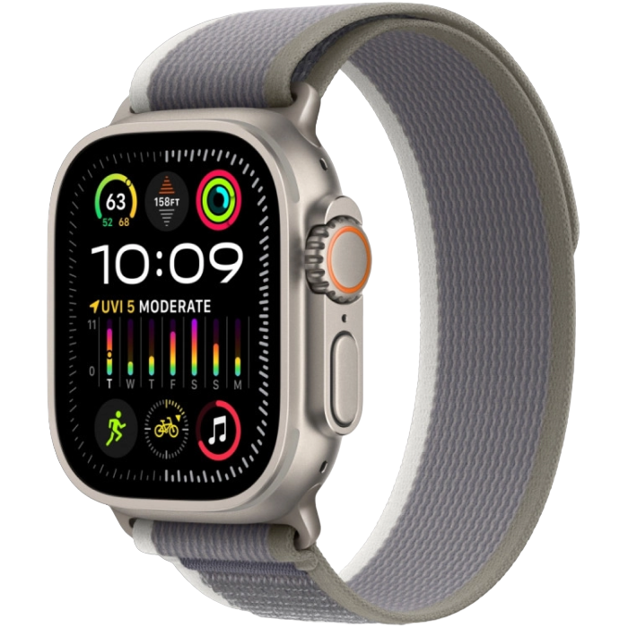 Apple Watch Ultra 2 GPS + Cellular, 49mm Titanium Case with Green/Gray Trail Loop - M/L, MRF43