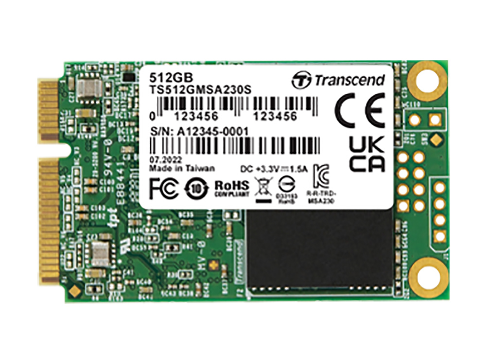 .mSATA SSD  512GB Transcend  "TS512GMSA230S" [R/W:550/400MB/s, 55/70K IOPS, SM2258H, 3D TLC]