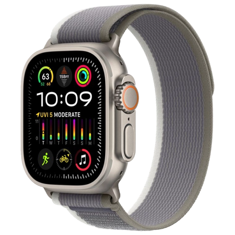 Apple Watch Ultra 2 GPS + Cellular, 49mm Titanium Case with Green/Grey Trail Loop - M/L, MRF43