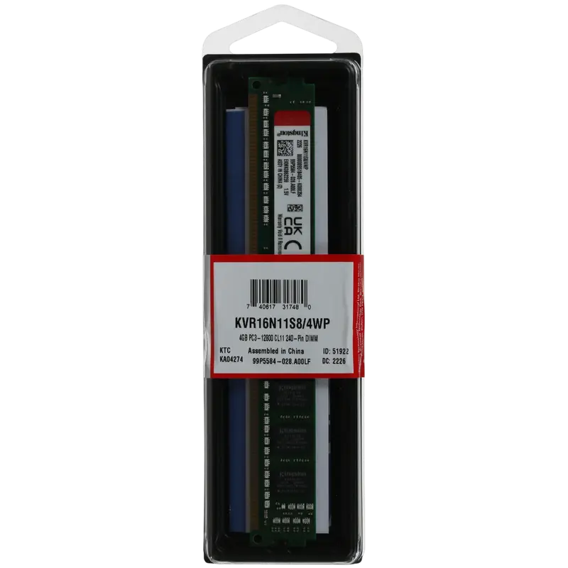 Memorie RAM Kingston ValueRAM, DDR3 SDRAM, 1600 MHz, 4 GB, KVR16N11S8/4WP