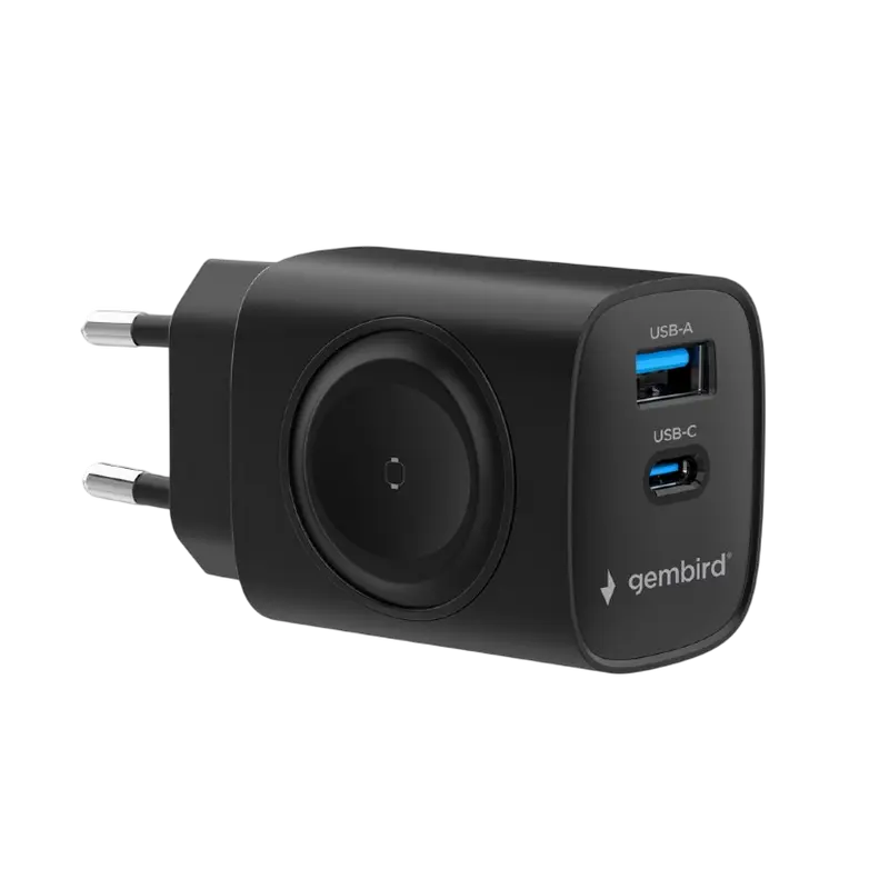 Încărcător Gembird 2 în 1 + Încărcare wireless pentru Apple Watch, 20W, Negru