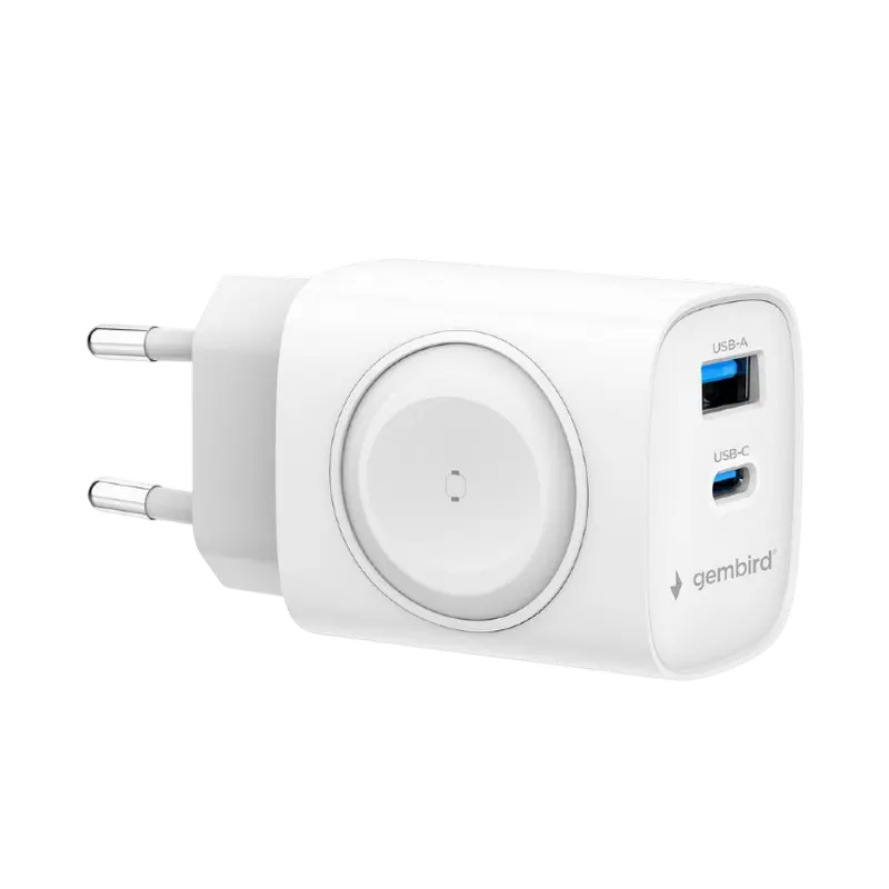 Încărcător Gembird 2 în 1 + Încărcare wireless pentru Apple Watch, 20W, Alb