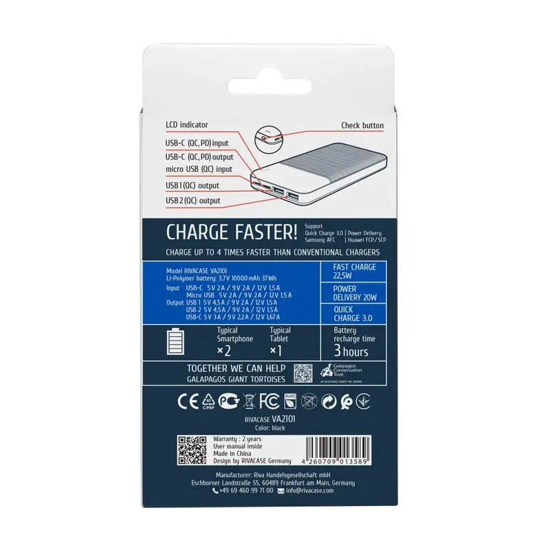 Încărcător portabil Rivacase VA2101, 10000mAh, Negru