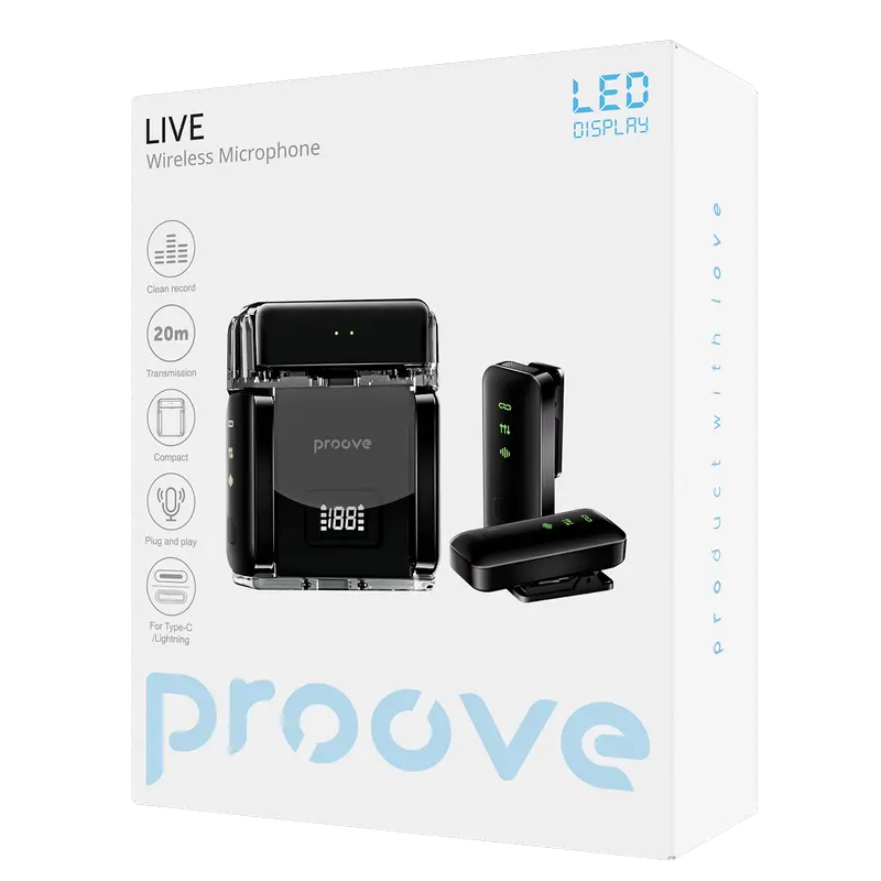 Microfon portabil pentru înregistrare vocală Proove Live, Fără fir, Negru