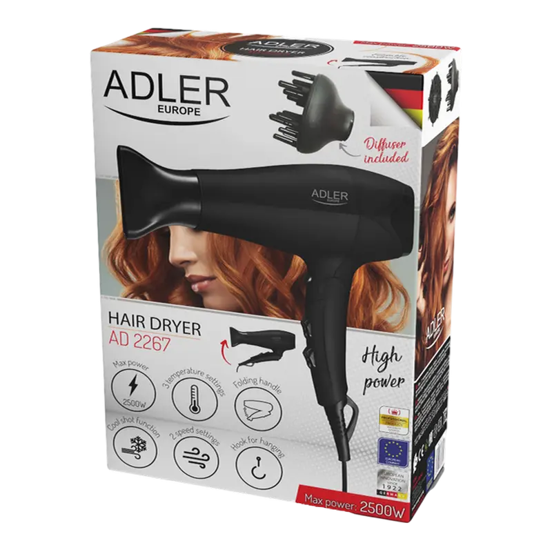 Uscător de păr Adler AD-2267, 2500W, Negru