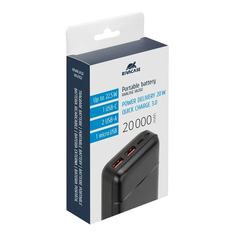 Încărcător portabil Rivacase VA2102, 20000mAh, Negru