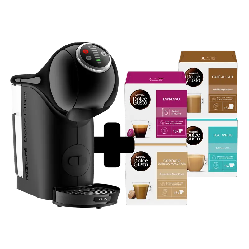 Cafetiera cu capsule Krups Genio S Plus + Capsule Nescafe Dolce Gusto, 1500W, Negru