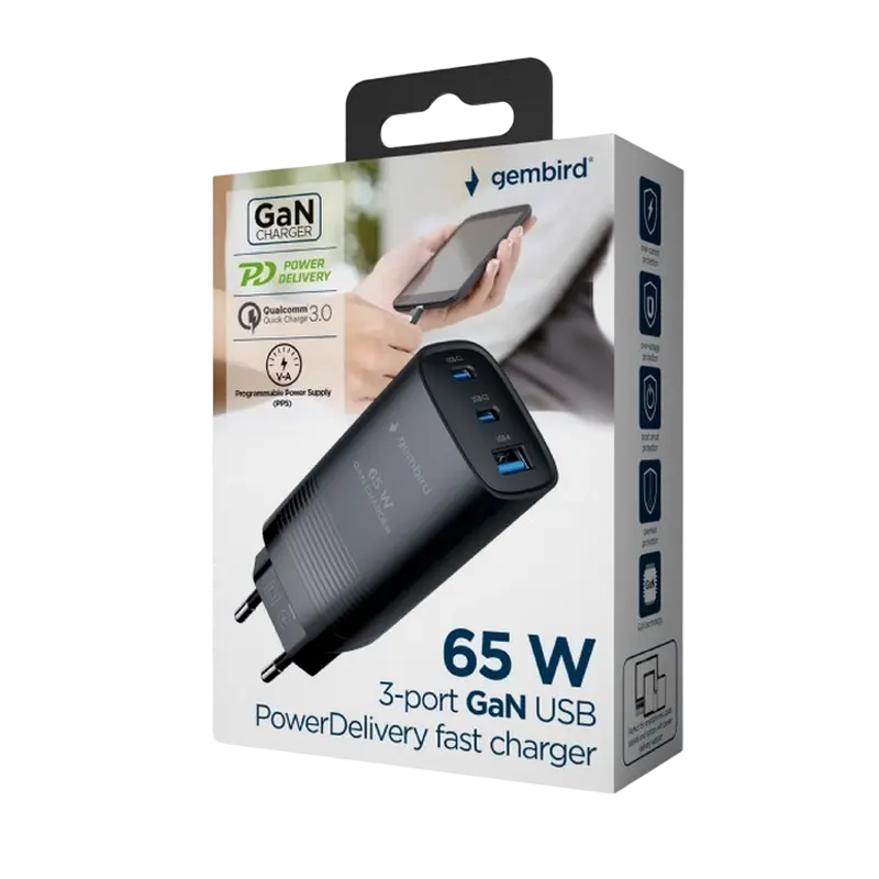 Зарядное устройство Gembird TA-UC-PDQC65-01-BK, 65Вт, Чёрный