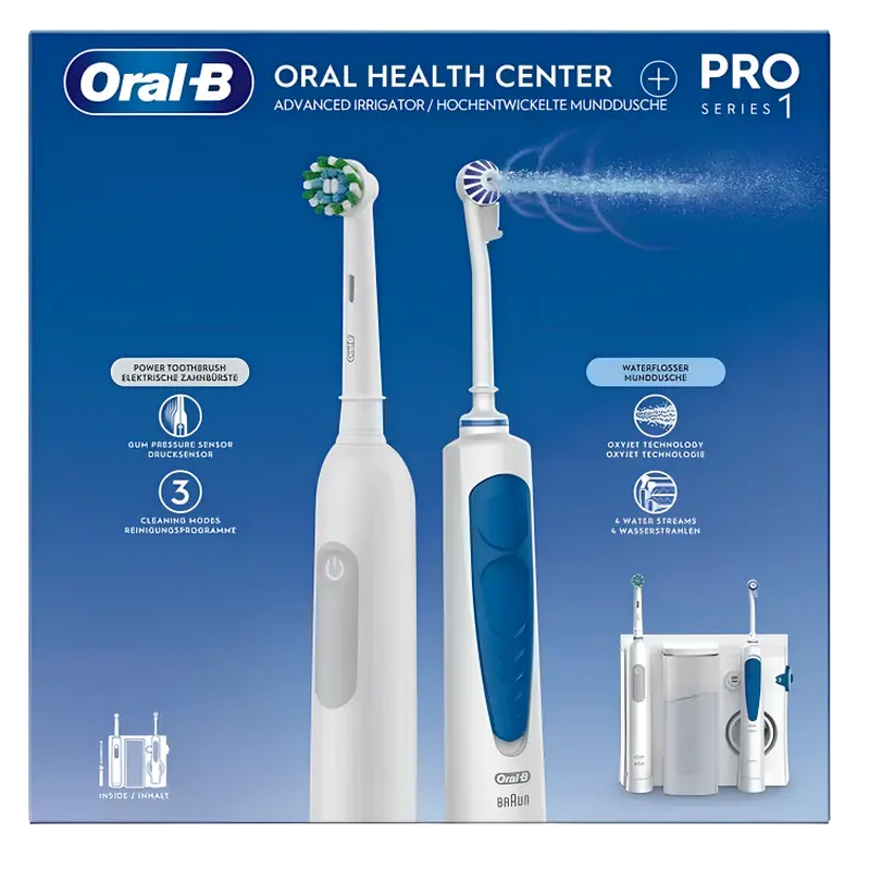 Irigator oral Braun Oral-B OxyJet + Periuță de dinți electrică Pro 1, Alb | Albastru