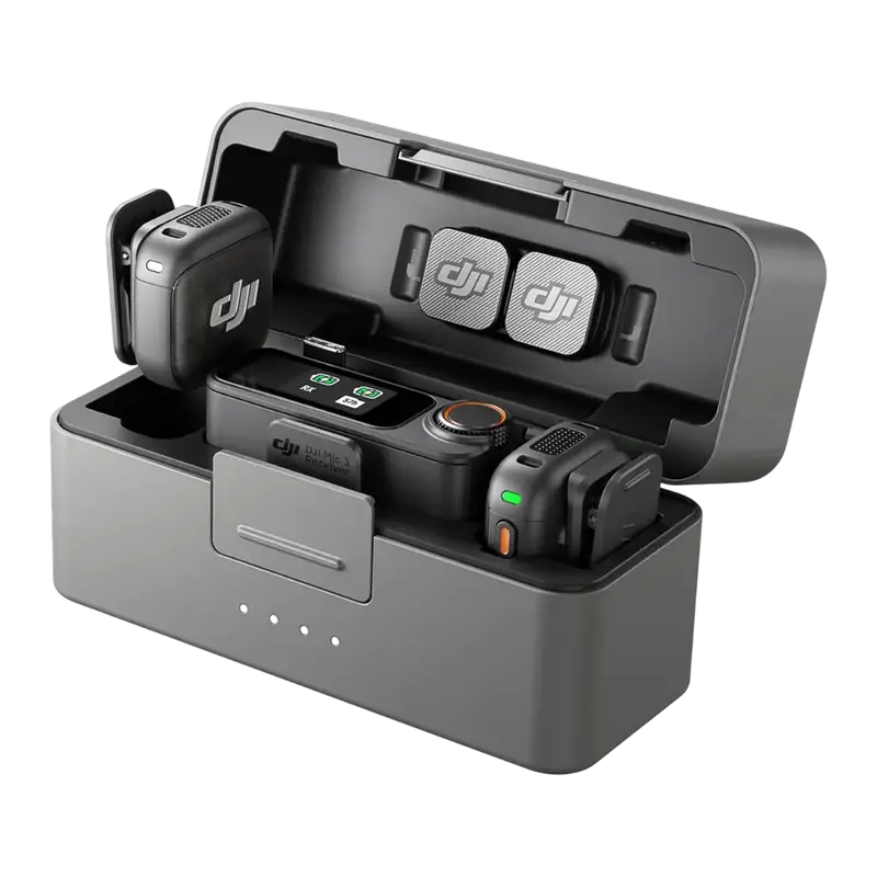 Microfon portabil pentru înregistrare vocală DJI Mic 3 (2 TX + 1 RX + Charging Case), Fără fir, Negru