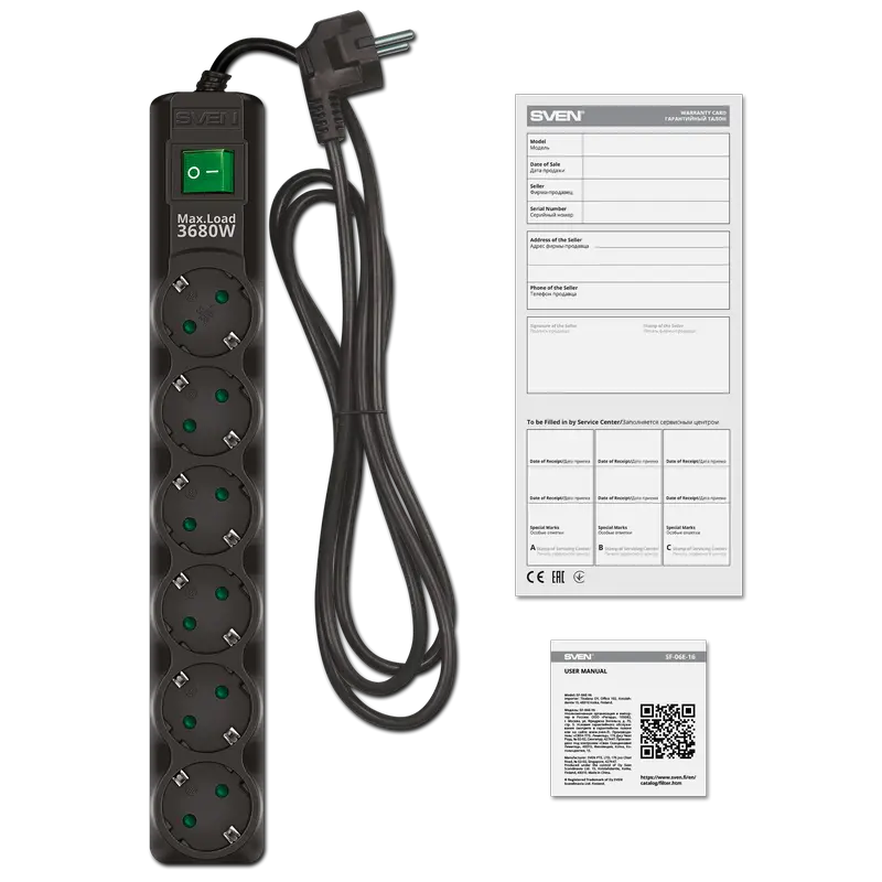 Сетевой фильтр SVEN SF-06E-16, 6 Розеток, 1,8м, Черный