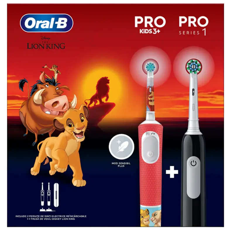 Periuță de dinți electrică Braun Oral-B Pro Kids Lion King Set, Roșu | Negru