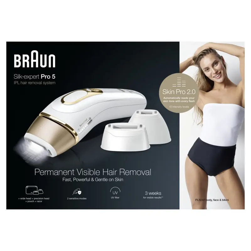 Epilator cu fotoluminiscență Braun Silk-expert Pro 5 PL5242, Alb | Auriu