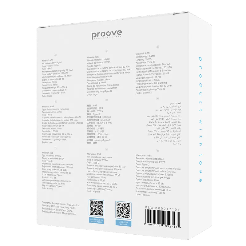 Microfon portabil pentru înregistrare vocală Proove Live, Fără fir, Negru