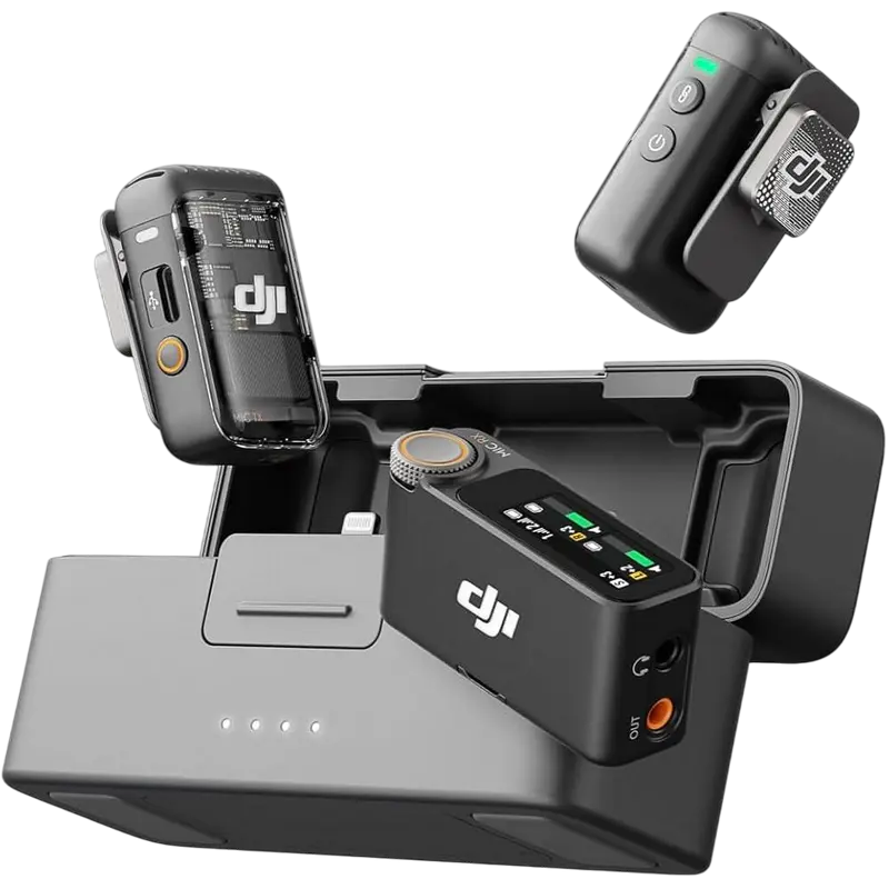 Microfon portabil pentru înregistrare vocală DJI Mic 2 (2 TX + 1 RX + Charging Case), Fără fir, Negru