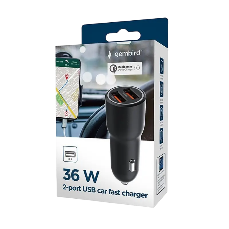 Încărcător auto Gembird TA-UC-A2QC36-CAR-01, 36W, Negru