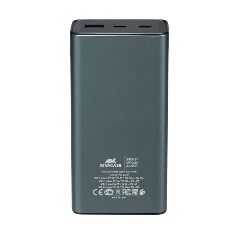 Încărcător portabil Rivacase VA1022, 20000mAh, Gri