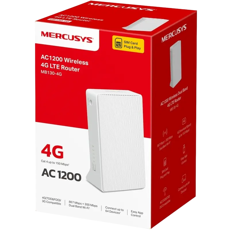 Router wireless MERCUSYS MB130-4G, Wi-Fi + 4G LTE, Alb