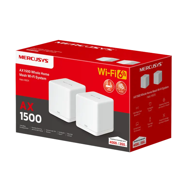 Sistem Wi-Fi Mesh MERCUSYS Halo H60X(2-pack), Wi-Fi, Alb