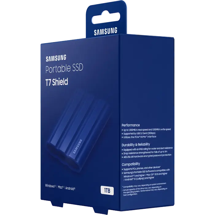 SSD portabil extern Samsung T7 Shield, 1 TB, Albastru (MU-PE1T0R/EU)