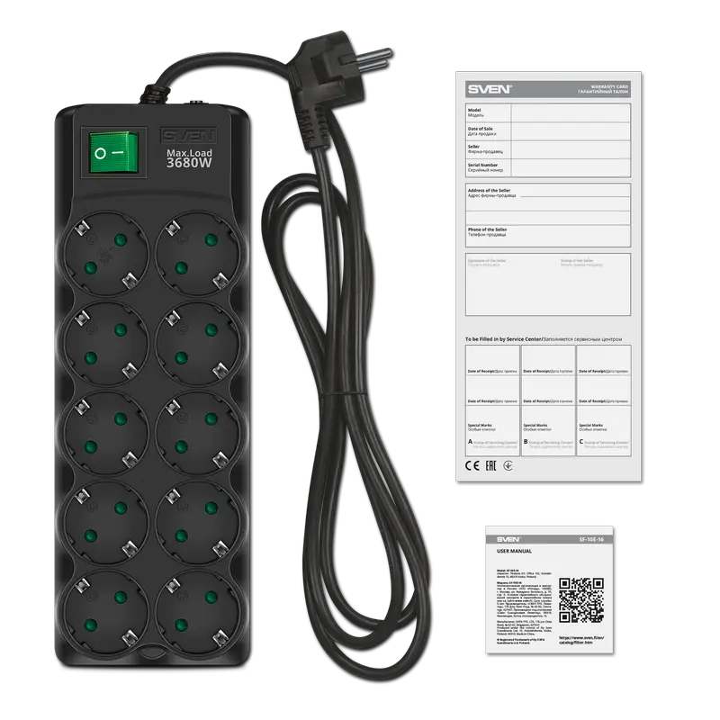 Prelungitor electric SVEN SF-10E-16, 10 Prize, 3m, Negru
