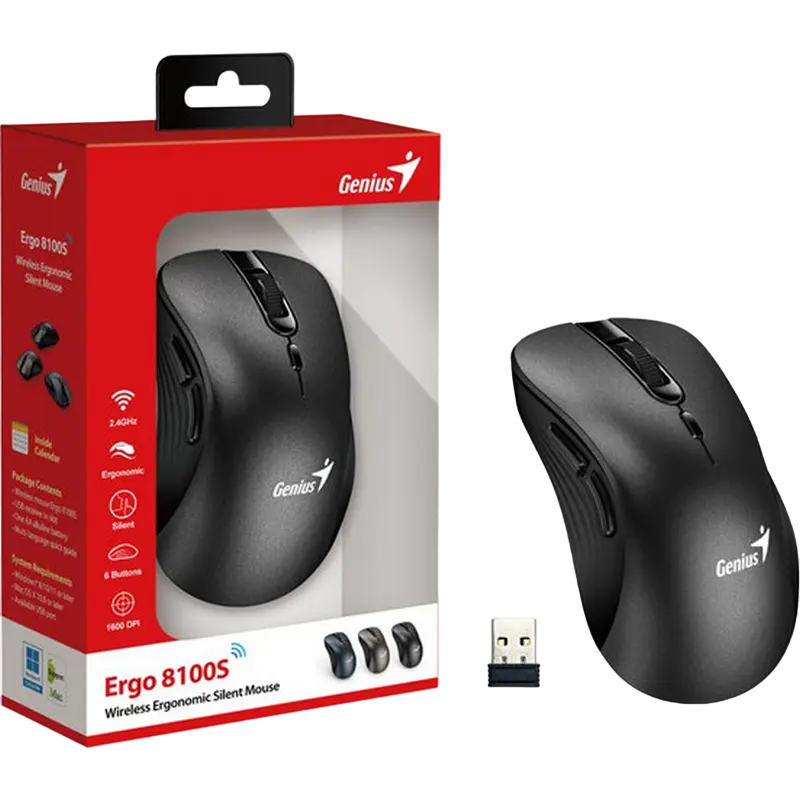 Беcпроводная мышь Genius Ergo 8100S, Чёрный