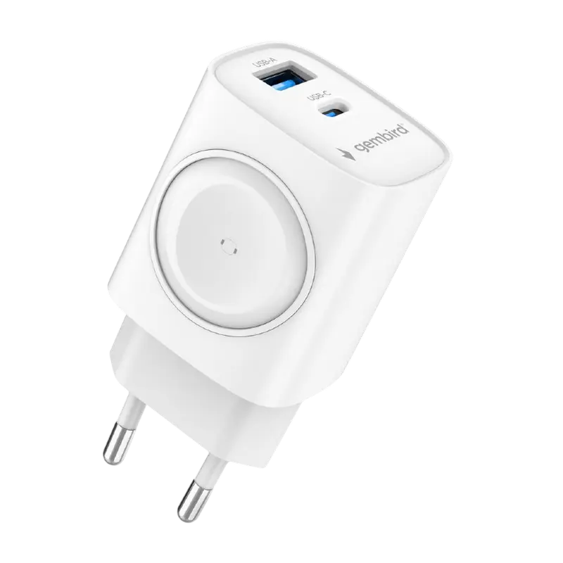 Încărcător Gembird 2 în 1 + Încărcare wireless pentru Apple Watch, 20W, Alb