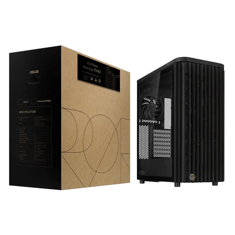 Carcasă PC ASUS ProArt PA401 Wood TG, Midi-Tower, Fără PSU, Negru