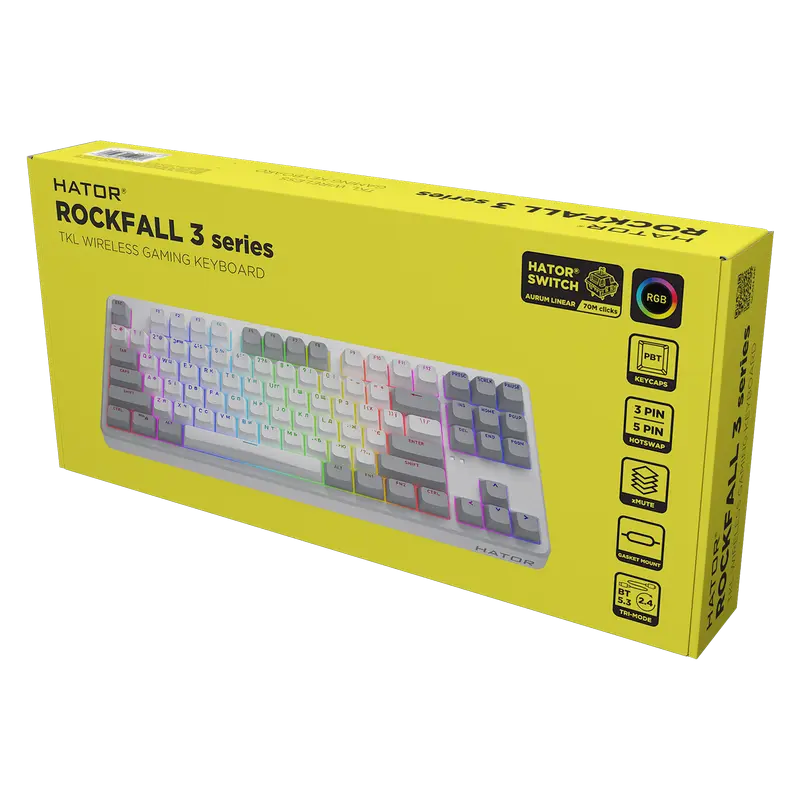 Tastatură HATOR Rockfall 3 TKL, Cu fir / Fără fir, Alb
