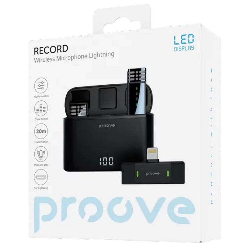 Портативный записывающий микрофон Proove Record Lightning Беспроводной Черный
