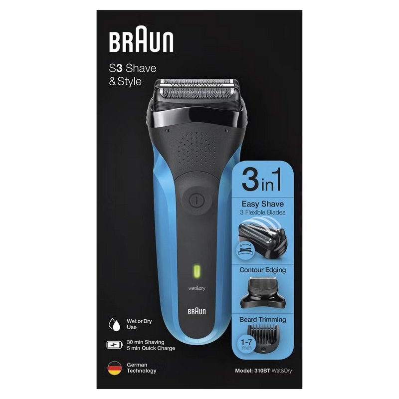 Aparat de ras electric Braun 310BT Negru | Albastru
Sita | Umed,Uscat | 30 min