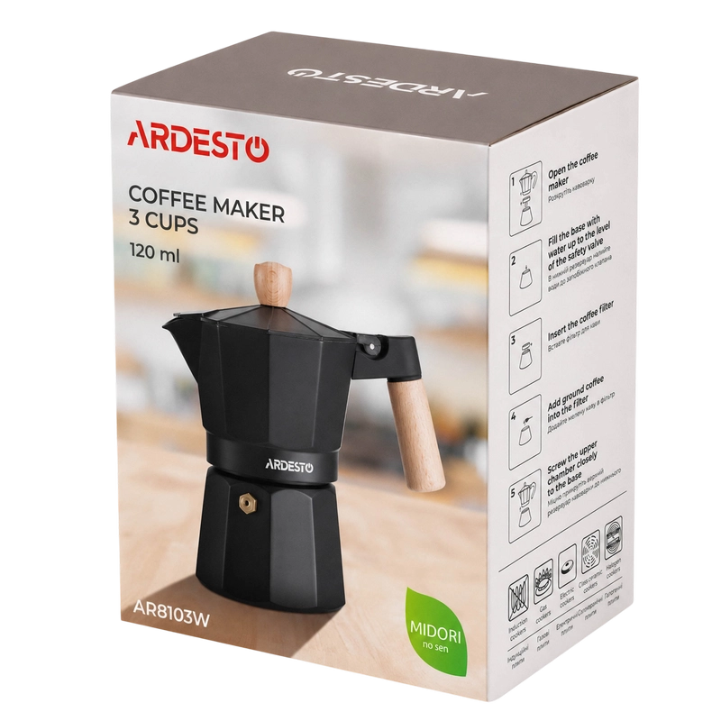 Cafetieră gheizer Ardesto AR8103W Midori Negru
0.12 l | Aluminiu
