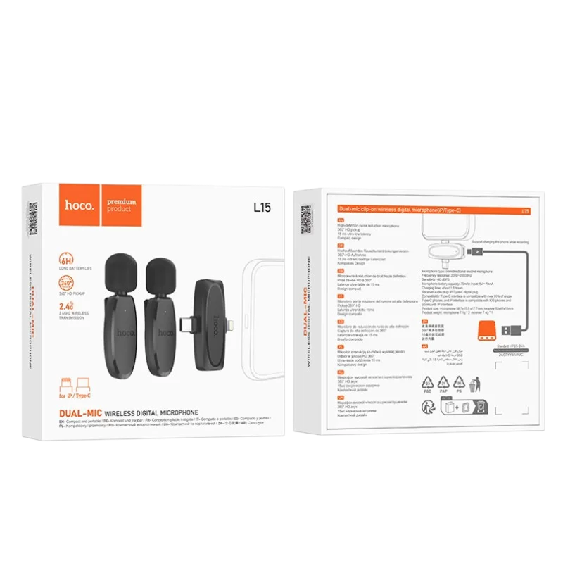 Microfon portabil pentru înregistrare vocală Hoco L15 Fără fir/Cu fir Negru
Lavalier