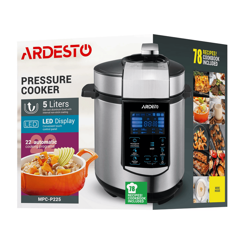Aparat de gătit multifuncțional sub presiune Ardesto MPC-P225 Argintiu | Negru
900 W | 5 l | Antiaderent