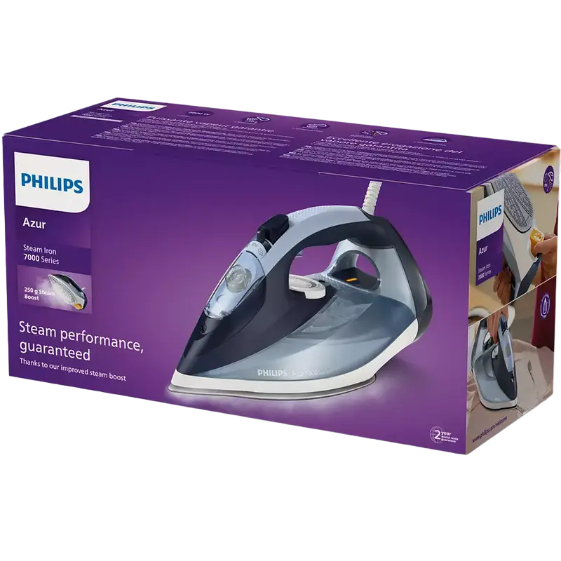 Fier de călcat Philips Azur 7000 series Albastru deschis
2800 W | 50 g/min | 300 ml | SteamGlide Plus