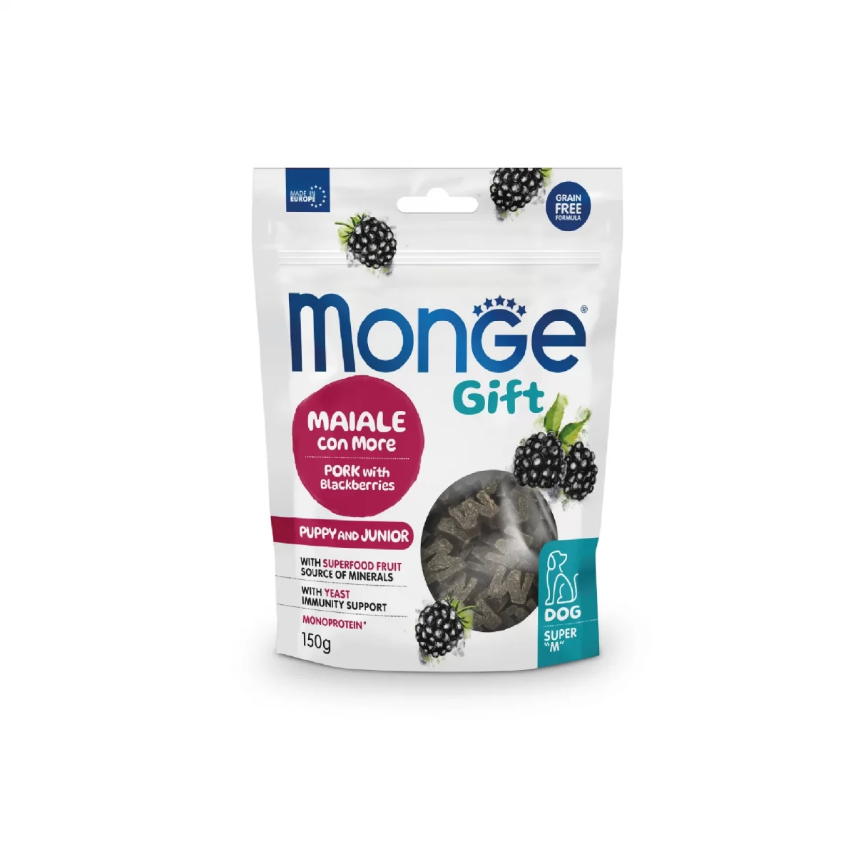 MONGEGIFT DOG SUPER “M” PUPPY/JUNIOR Pork/Blackberries 150gr.