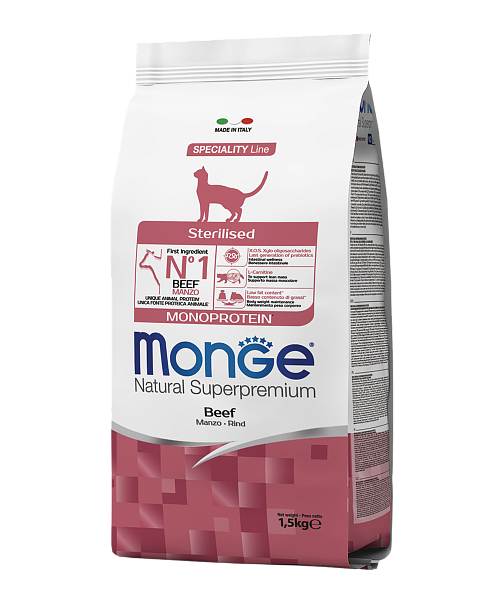 MONGE DRY CAT STERILISED MONOPROTEIN BEEF 1,5kg.