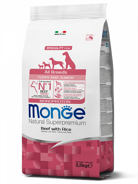 Cumpara  Hrană uscată - MONGE DRY DOG ALL BREED PUPPY Beef/Rice 2,5kg..