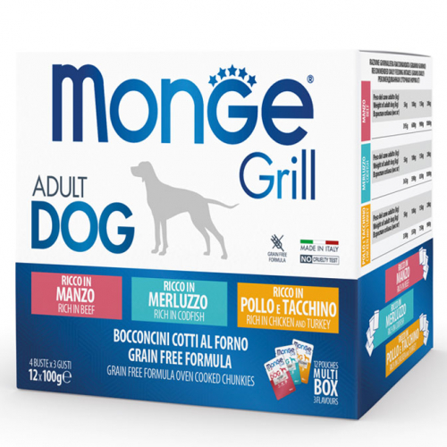 MONGE DOG GRILL MIX BOX ADULT BEEF/COD/CHICKEN 12x100gr.