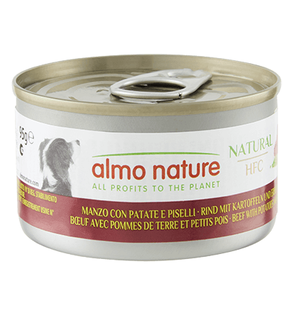 ALMO NATURE Hrană pentru câini HFC la cutie cu carne de vită naturală/cartofi/pește 95g