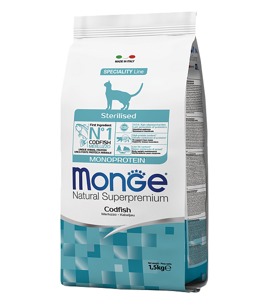MONGE DRY CAT STERILISED MONOPROTEIN COD FISH 1,5kg.