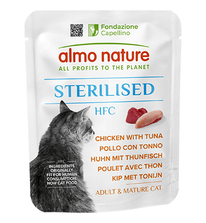 ALMO NATURE Hrană pentru pisici HFC, pliculeț sterilizat cu pui și ton, 50 g